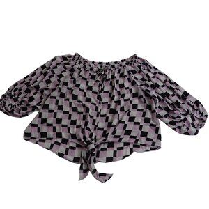 Cato Off-Shoulder Tie Front Pink Black Checkered Top Women Size L Half Sleeve